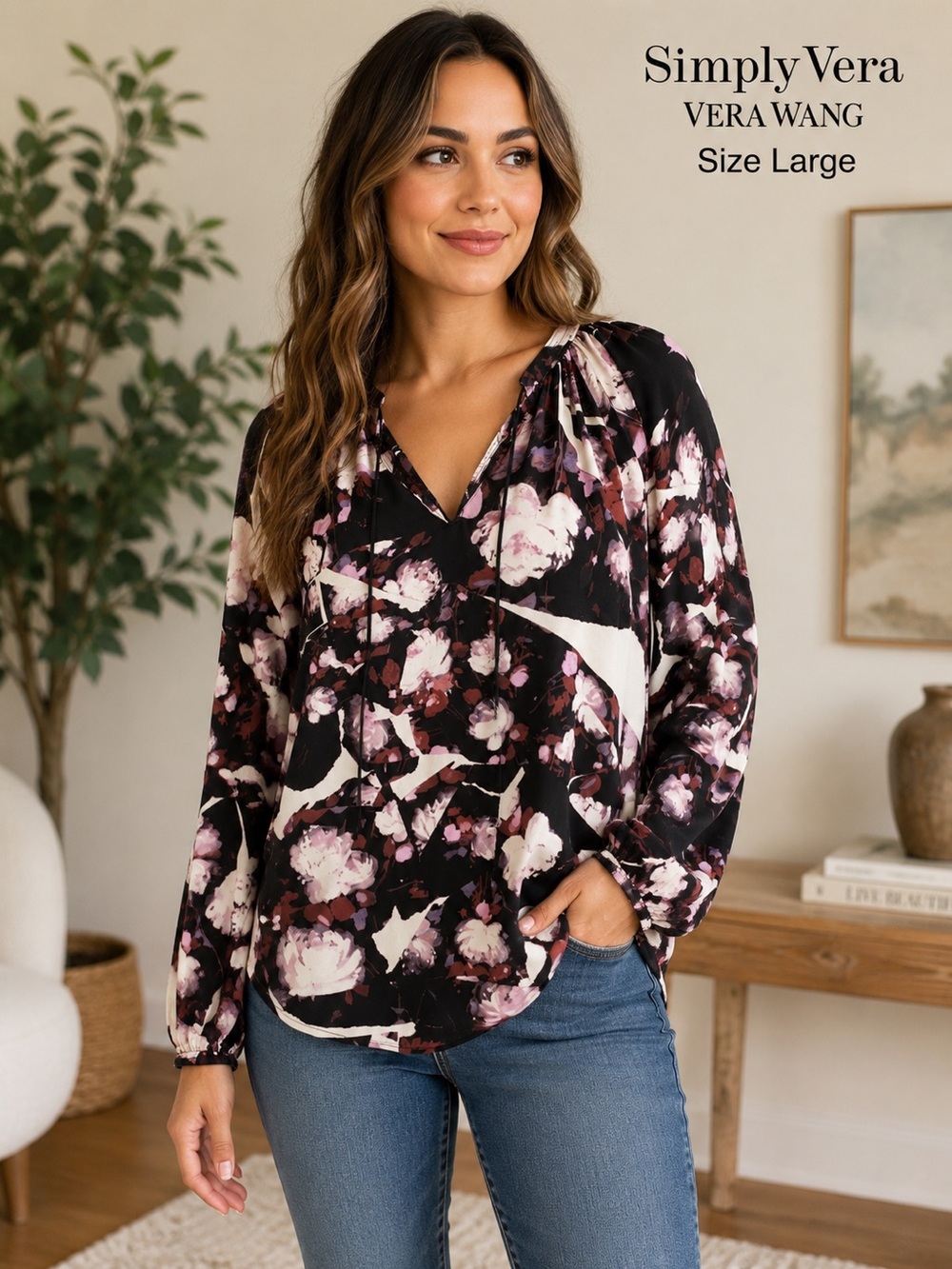 Simply Vera Vera Wang Size Large Black Floral Peasant Blouse Long Sleeve Boho